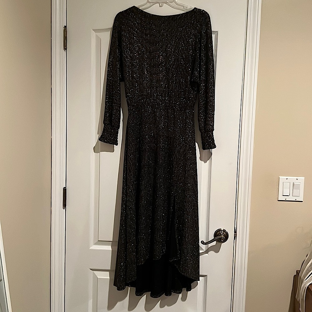 Black high/low gold sparkle dress